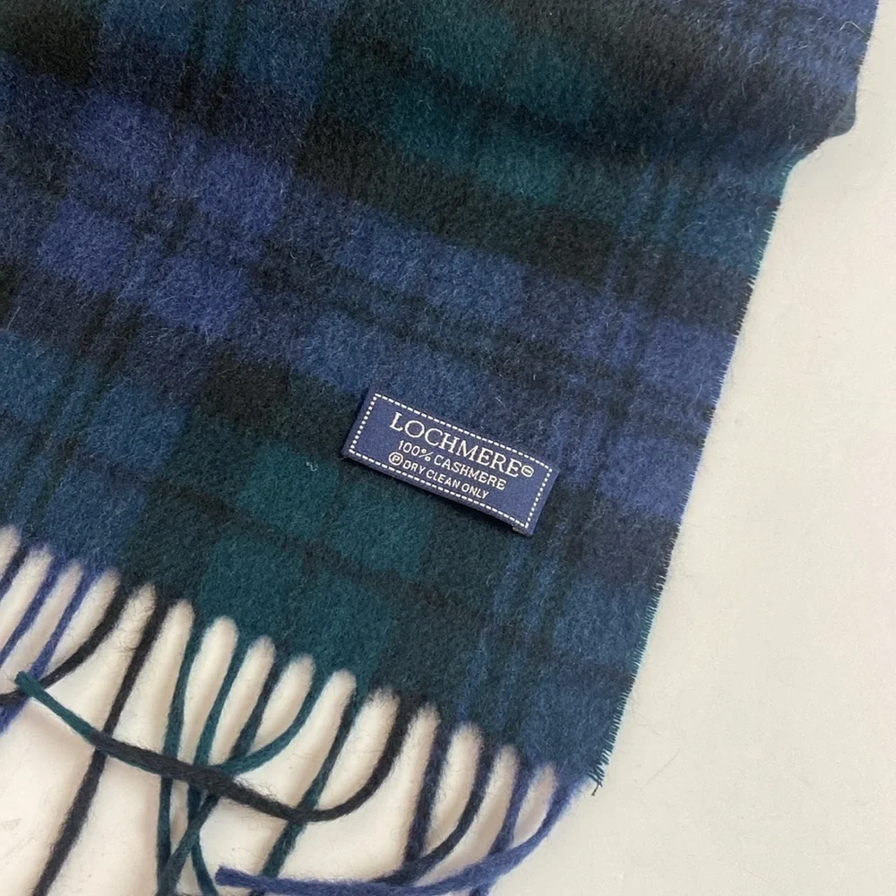 Lochmere Cashmere Navy/Green Tartan Plaid Scarf 12” x 59”